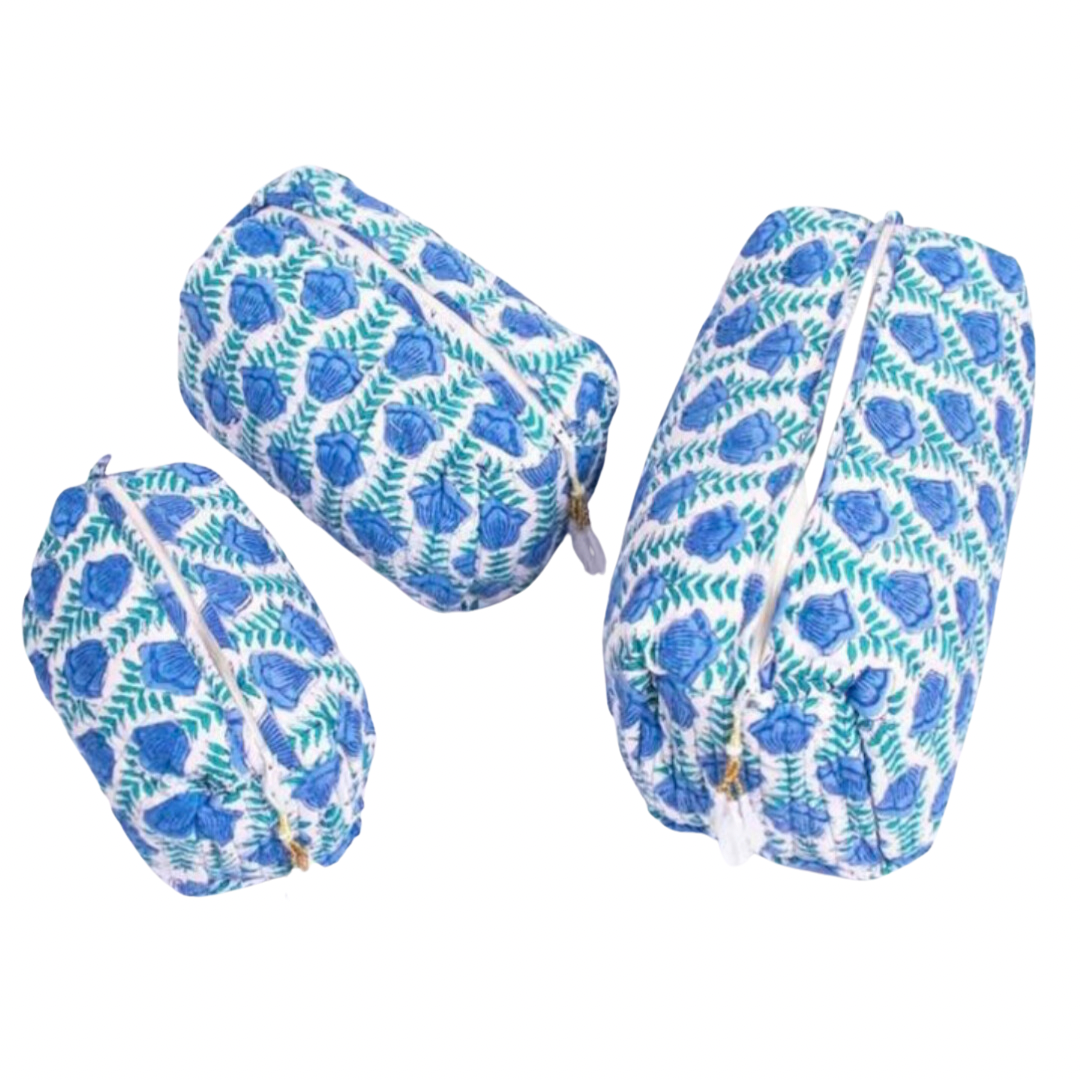 Cotton Block Print Cosmetic Bags - Lotus Blues (Set of 3)