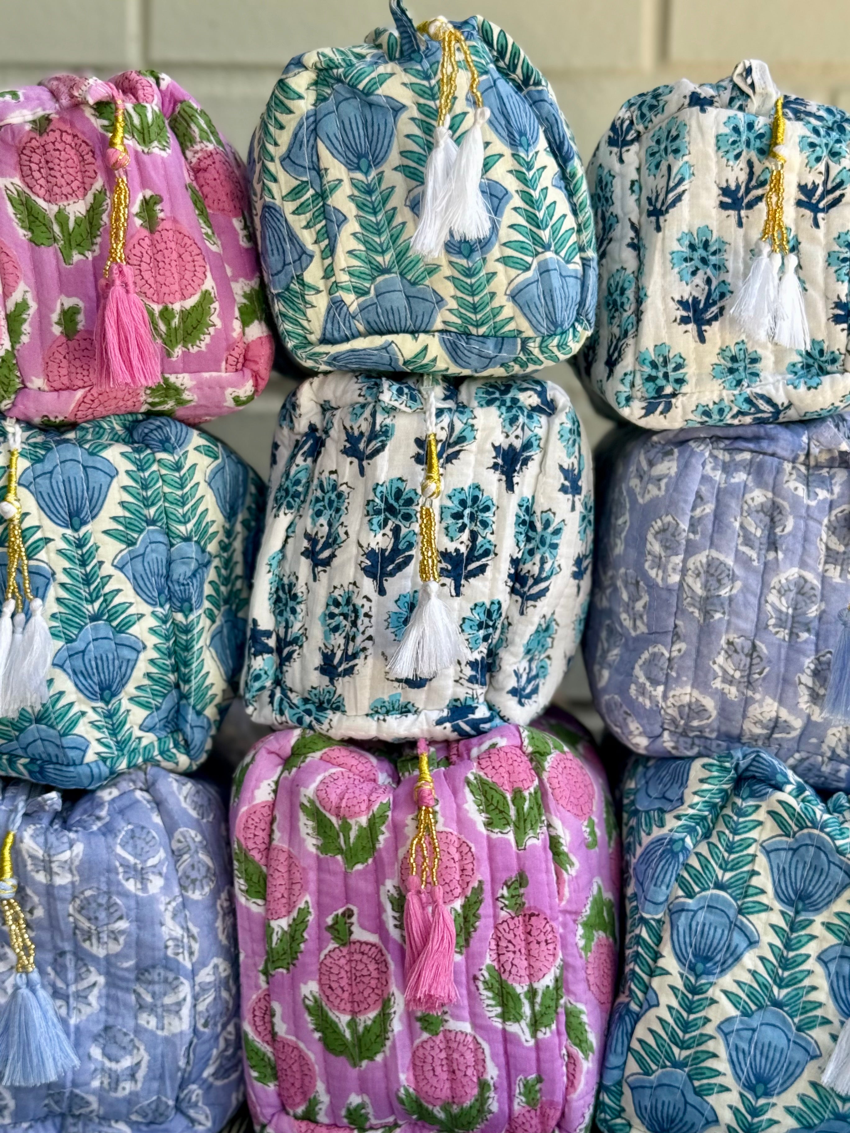 Cotton Block Print Cosmetic Bags - Lotus Blues (Set of 3)