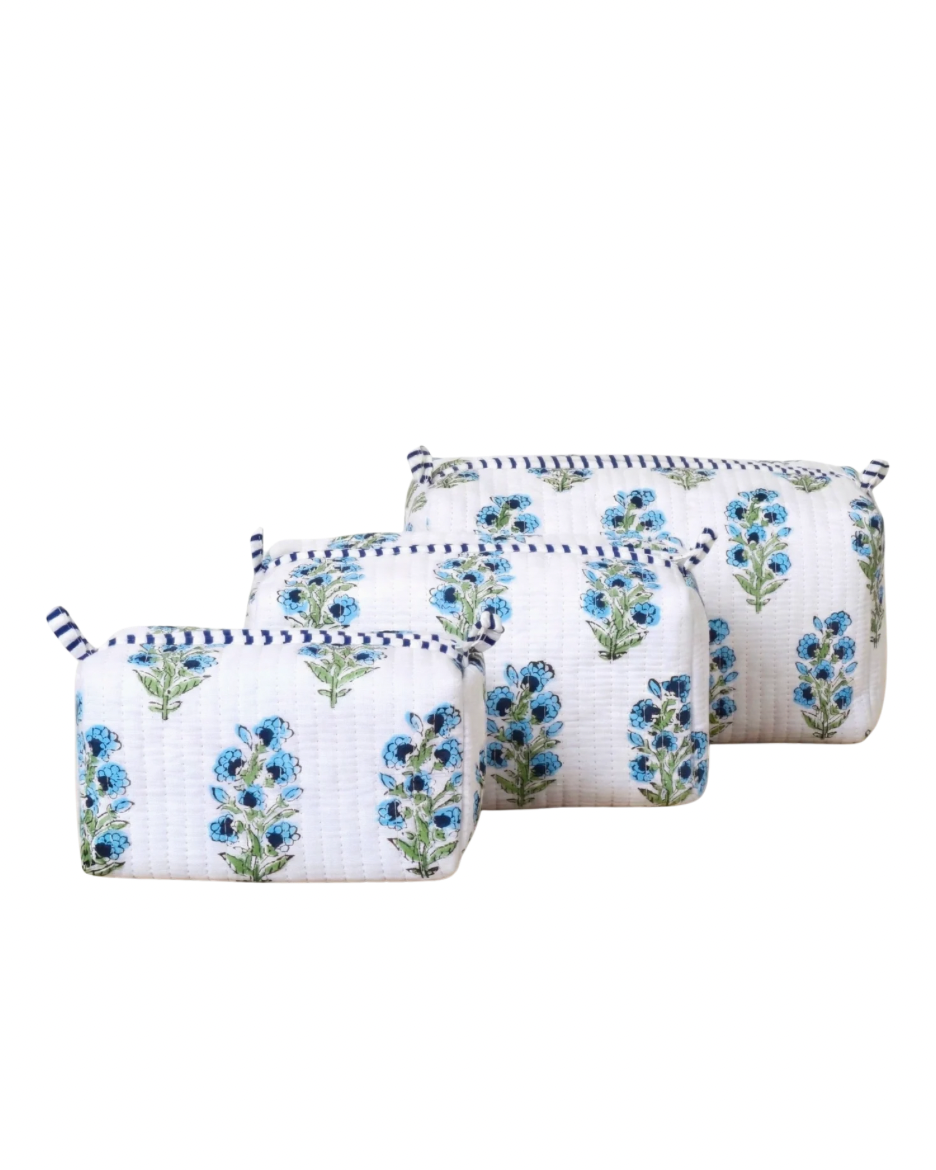 Fleur Block Print Cosmetic Case Set (Blue)