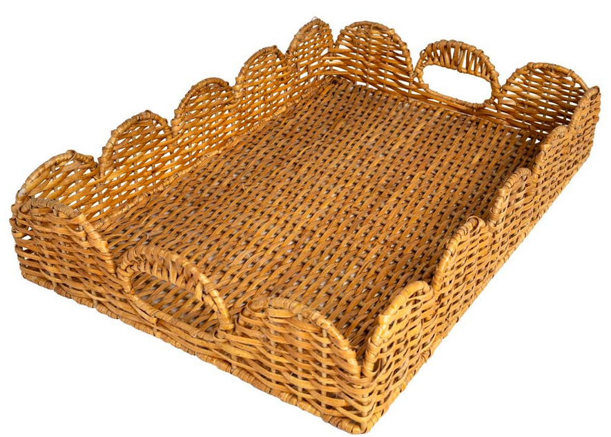 Large Natural Scalloped Wicker Tray