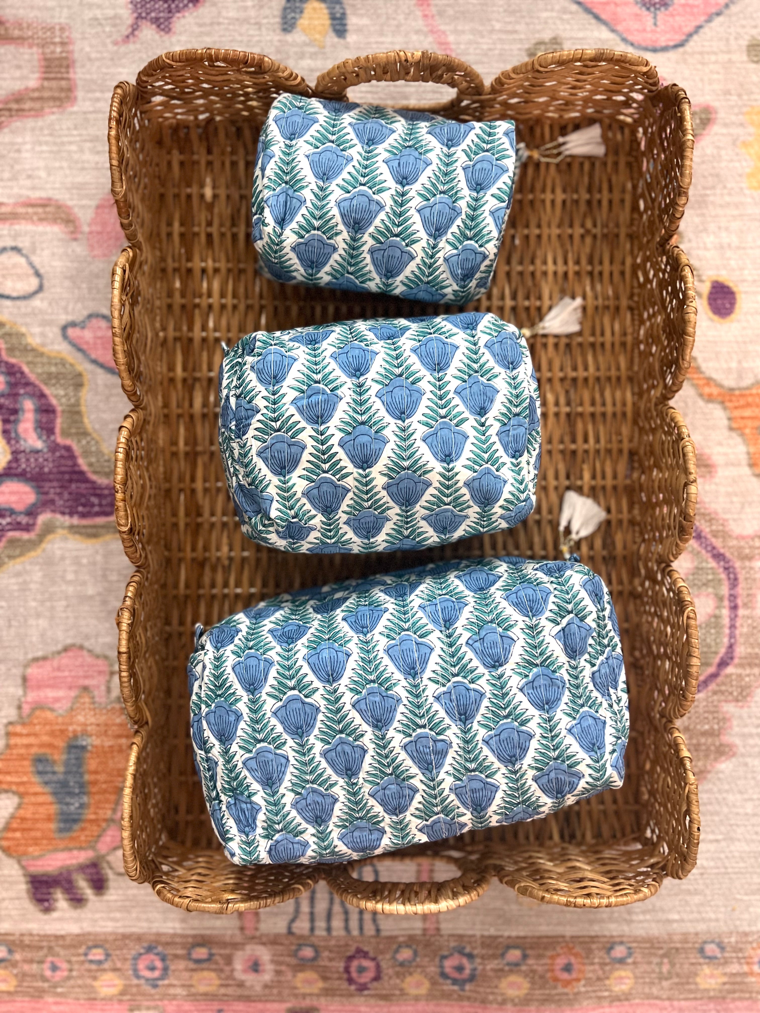 Cotton Block Print Cosmetic Bags - Lotus Blues (Set of 3)