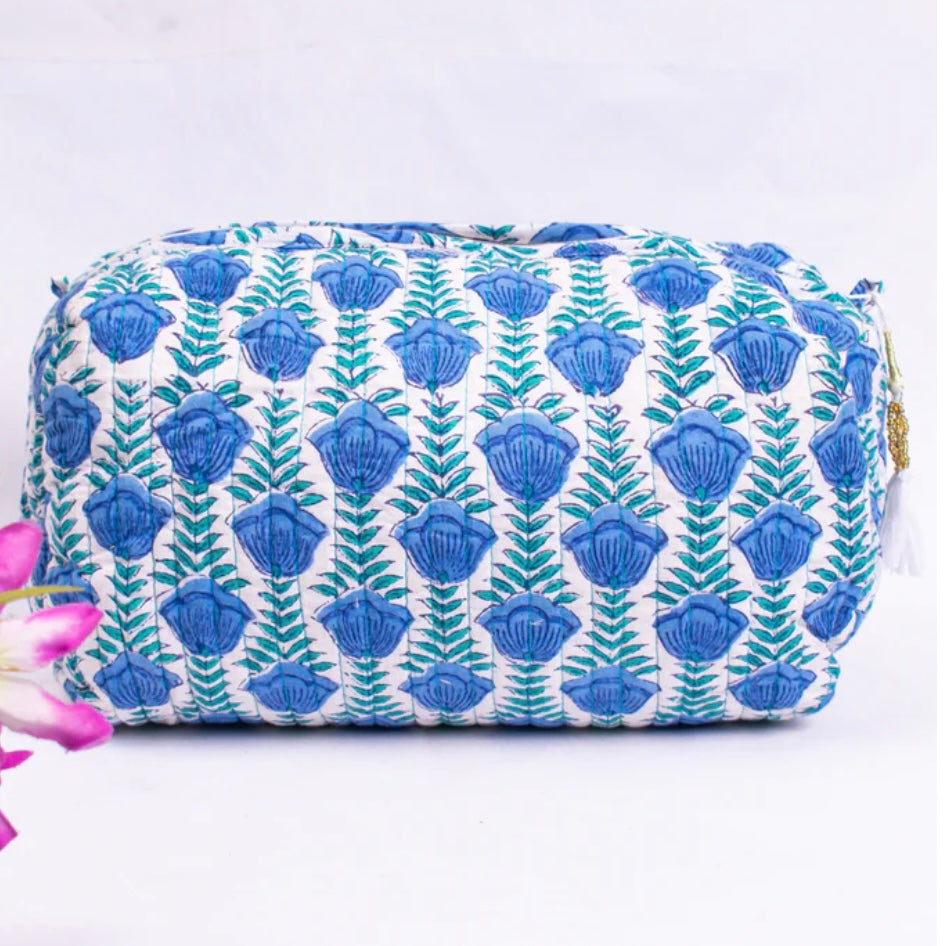 Cotton Block Print Cosmetic Bags - Lotus Blues (Set of 3)