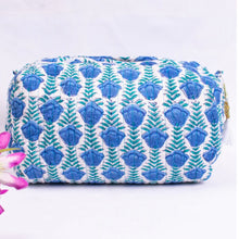 Load image into Gallery viewer, Cotton Block Print Cosmetic Bags - Lotus Blues (Set of 3)