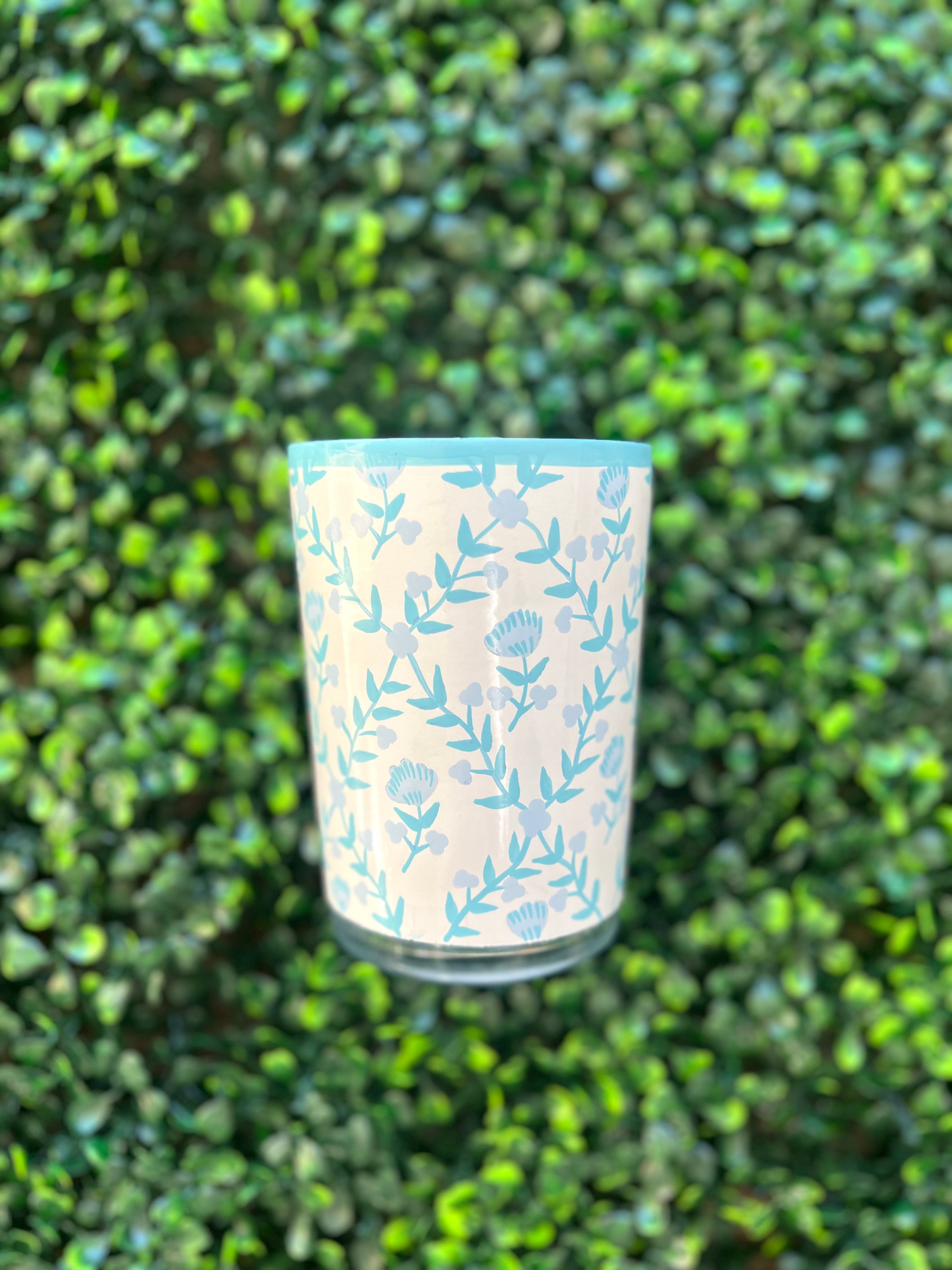 Handpainted Light Blue Roses Glass/Bud Vase