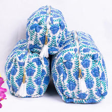 Load image into Gallery viewer, Cotton Block Print Cosmetic Bags - Lotus Blues (Set of 3)