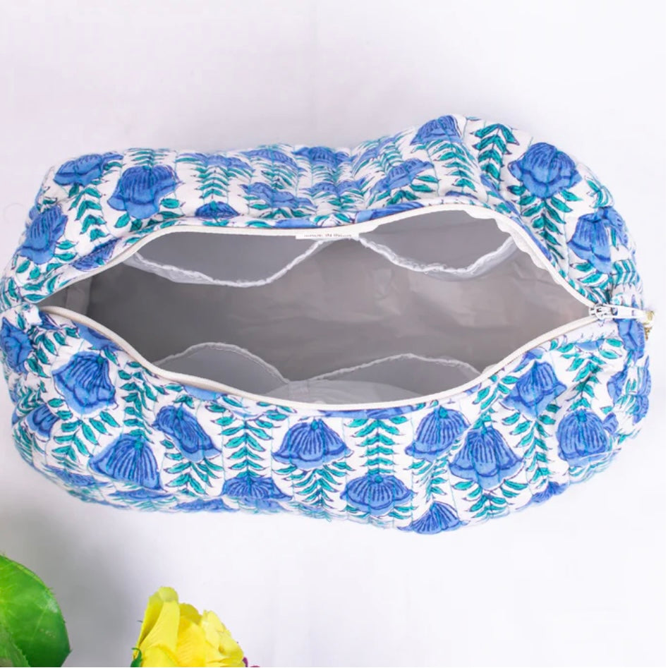 Cotton Block Print Cosmetic Bags - Lotus Blues (Set of 3)