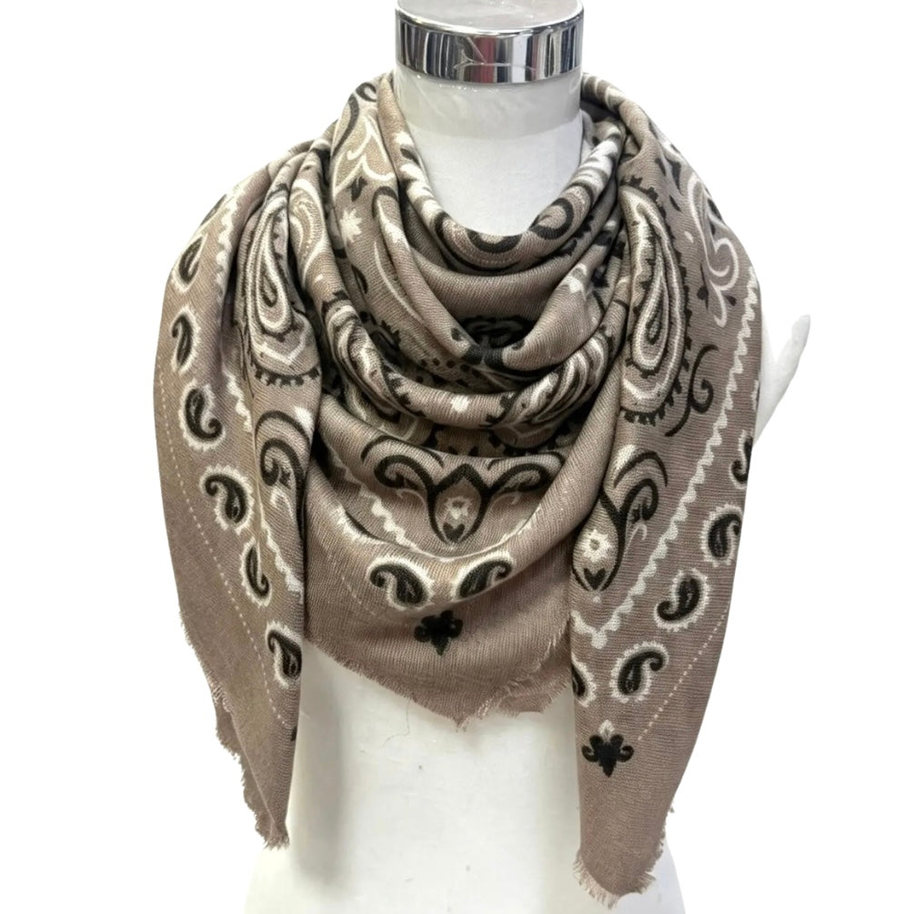 Aspen Paisley Wool Bandana Scarf - Taupe