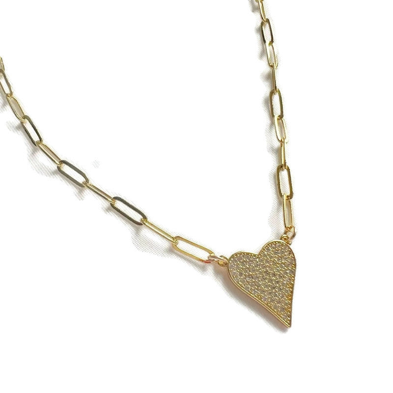 Pave Heart Paperclip Necklace (Gold Filled)