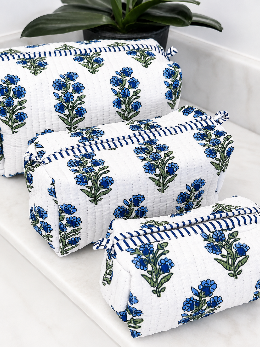 Fleur Block Print Cosmetic Case Set (Blue)