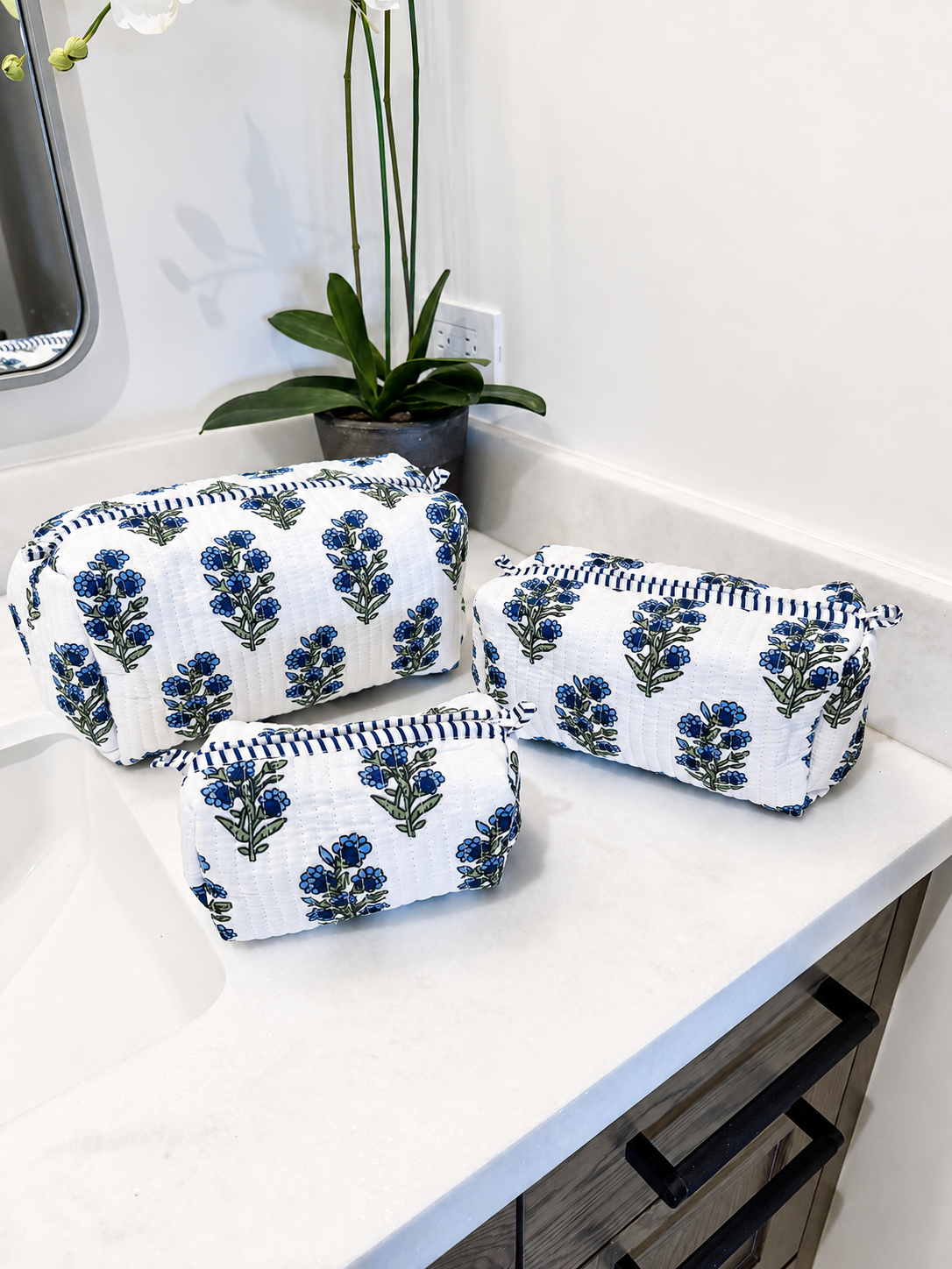 Fleur Block Print Cosmetic Case Set (Blue)