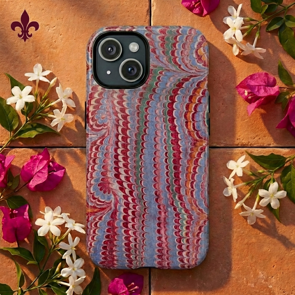 Burgundy and Blue Italian Vintage Marbled, Dual Layer Phone Case