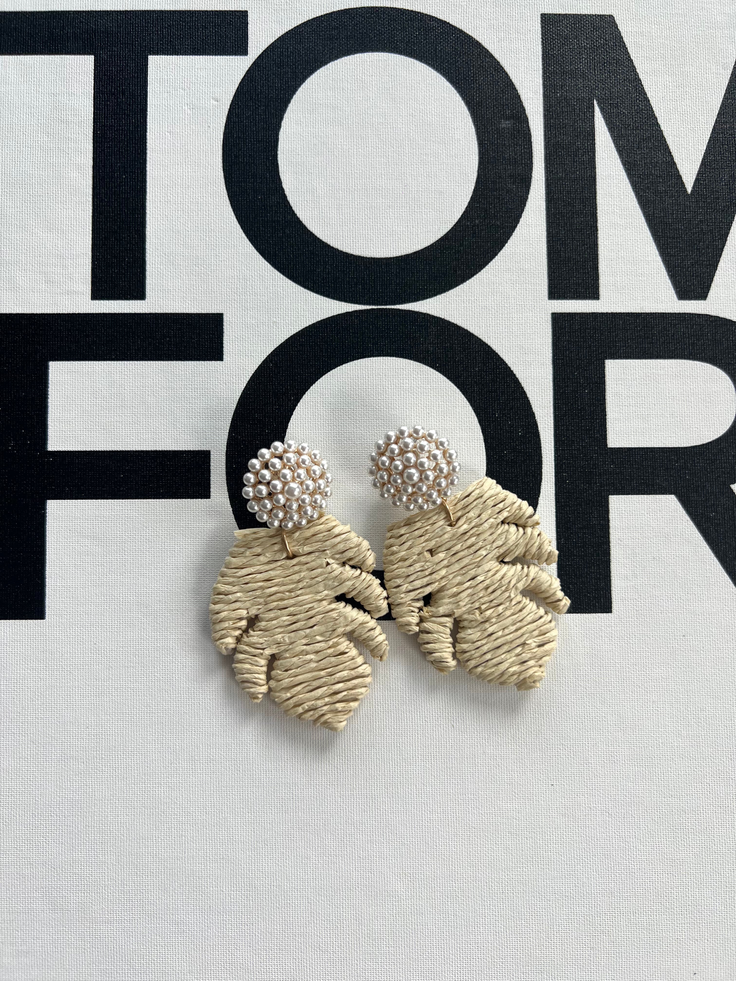 Pearl Burst Raffia Leaf Earrings