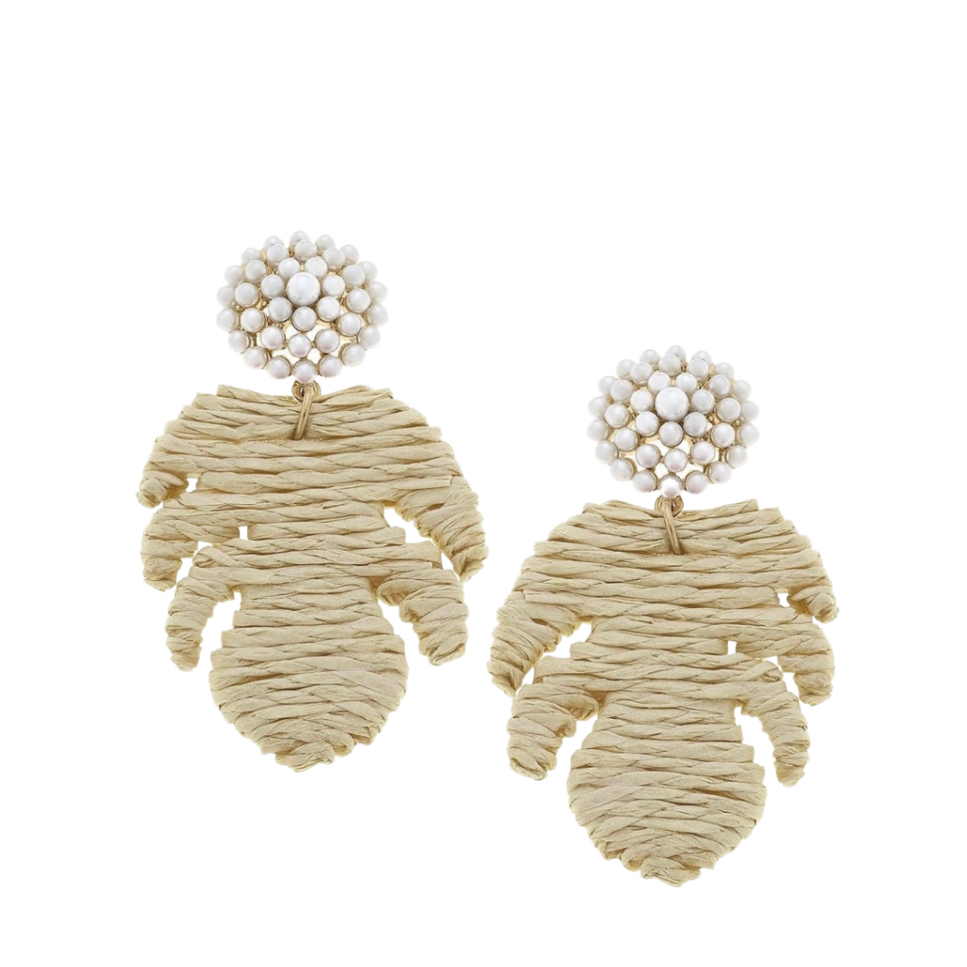 Pearl Burst Raffia Leaf Earrings
