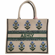 Load image into Gallery viewer, Blue Peony Beaded Large Tote (Made to Order)
