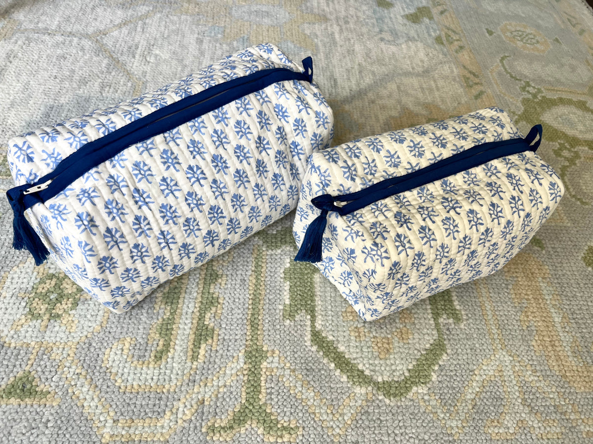  Block Print Designer Toiletry Bag & Makeup Case - Boho Floral  Quilted Pouch for Cosmetics, Skincare - Large Waterproof Lined Organizer  for Diaper Bag, Purse, Travel, Gift (Blue & White Boho) 