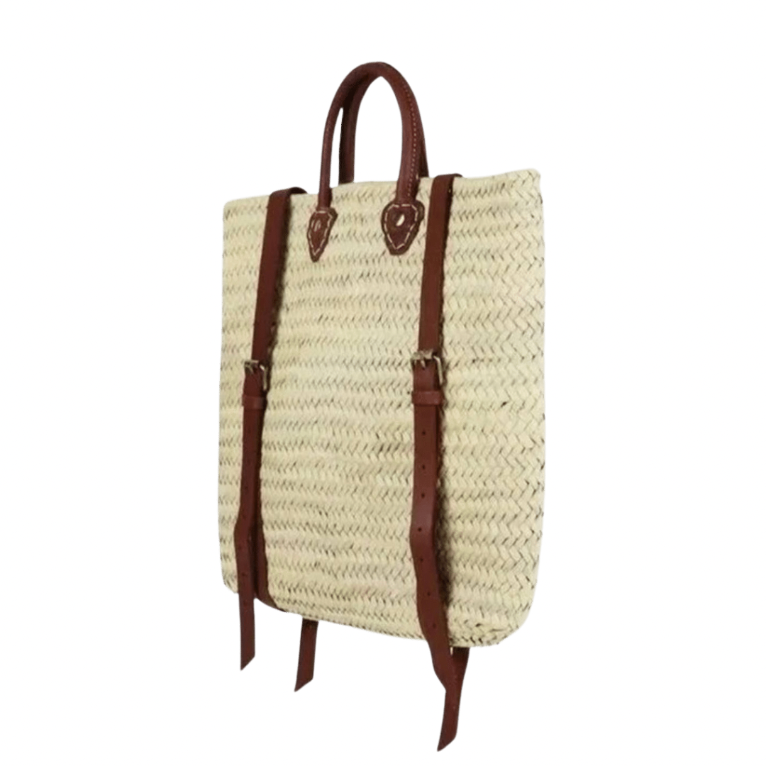 Straw Backpack with Long Leather Straps in Light Brown - Studio 3:19