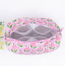 Load image into Gallery viewer, Cotton Block Print Cosmetics Bags - Pink Green Lotus (Set of 3)