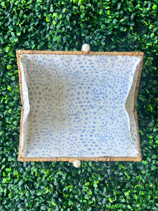 Rattan Pearl Clasp Clutch (Blue Dot Liner)