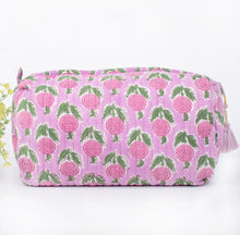 Load image into Gallery viewer, Cotton Block Print Cosmetics Bags - Pink Green Lotus (Set of 3)