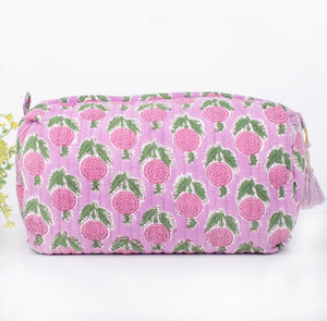 Cotton Block Print Cosmetics Bags - Pink Green Lotus (Set of 3)