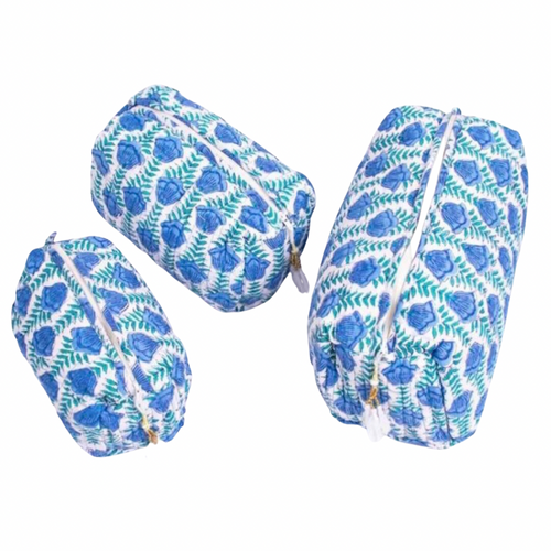 Cotton Block Print Cosmetic Bags - Lotus Blues (Set of 3)