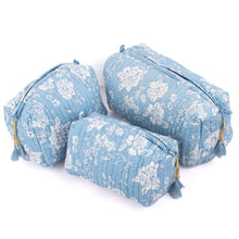 Load image into Gallery viewer, Cotton Block Print Cosmetics Bags - Blue Floral (Set of 3)