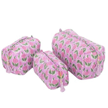 Load image into Gallery viewer, Cotton Block Print Cosmetics Bags - Pink Green Lotus (Set of 3)