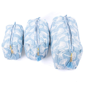 Cotton Block Print Cosmetics Bags - Light Blue Gingko (Set of 3)