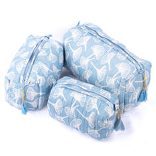 Load image into Gallery viewer, Cotton Block Print Cosmetics Bags - Light Blue Gingko (Set of 3)