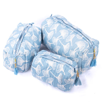 Cotton Block Print Cosmetics Bags - Light Blue Gingko (Set of 3)