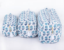 Load image into Gallery viewer, Cotton Block Print Cosmetics Bags - Blues Dabu (Set of 3)