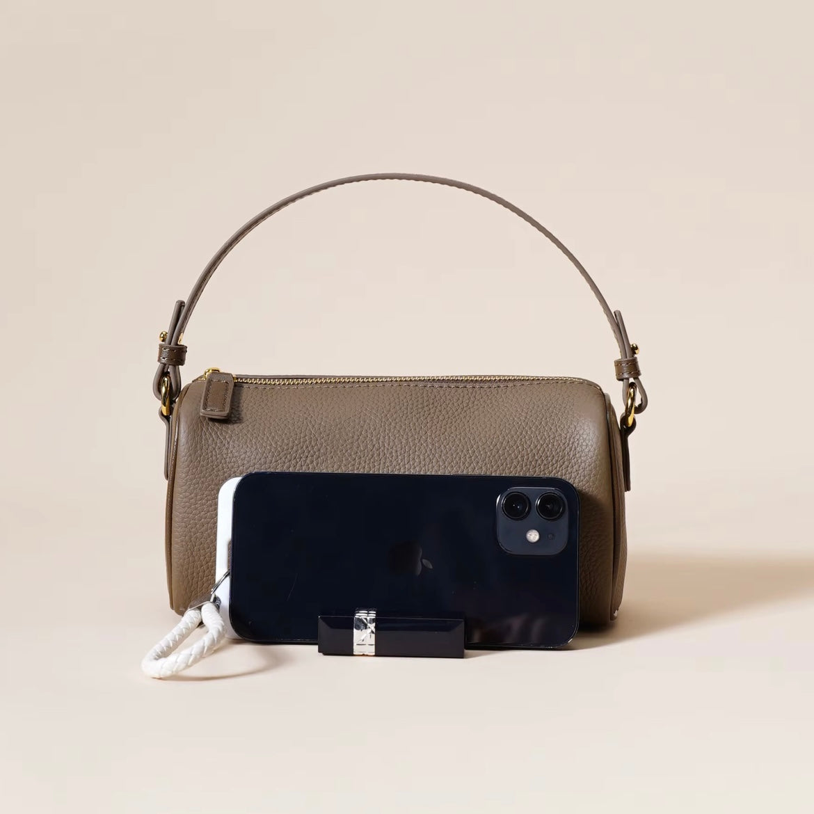 Avery Barrel Leather Bag - Taupe