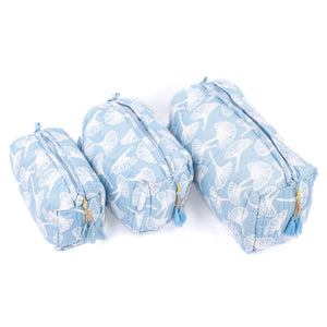 Cotton Block Print Cosmetics Bags - Light Blue Gingko (Set of 3)