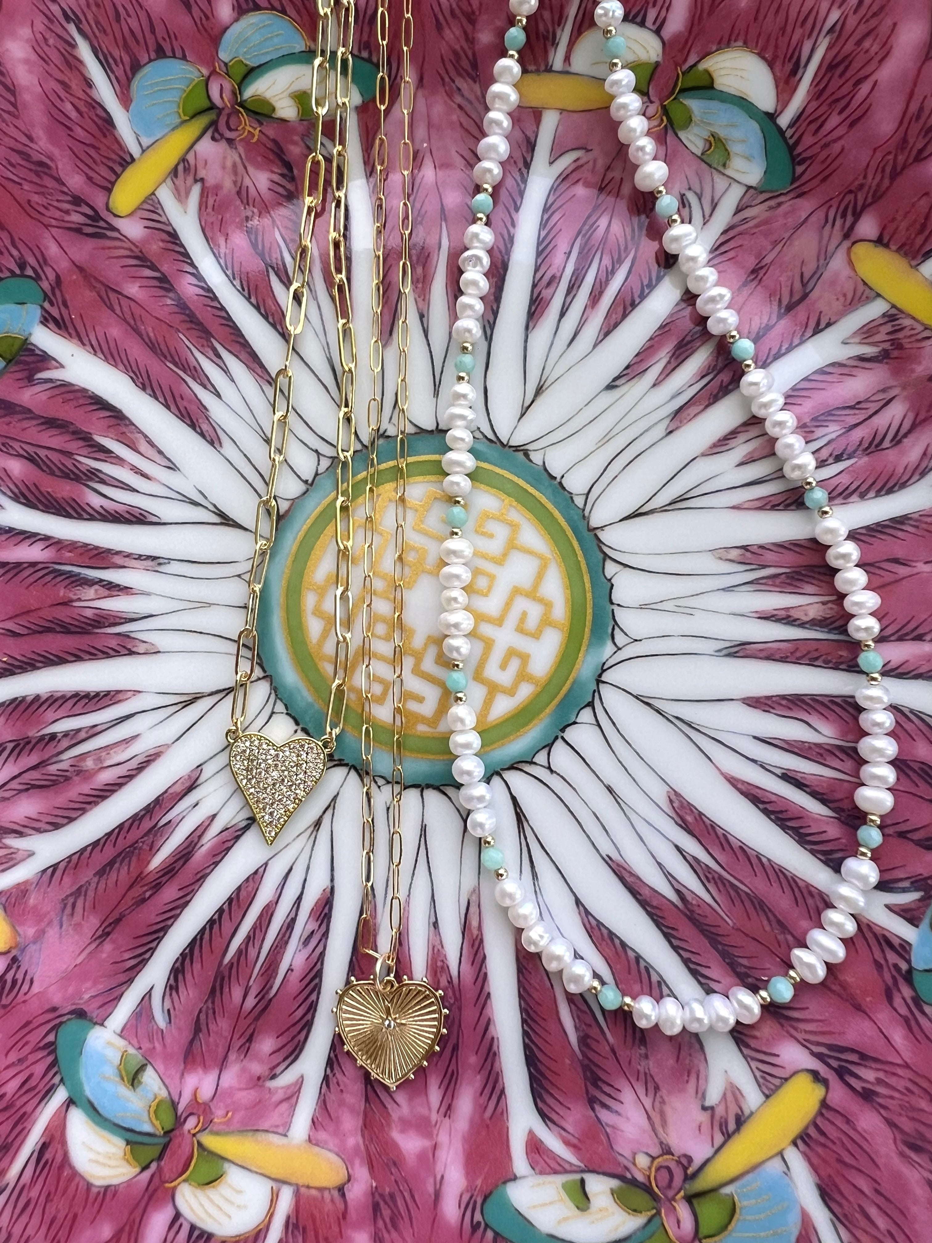 Pave Heart Paperclip Necklace (Gold Filled)