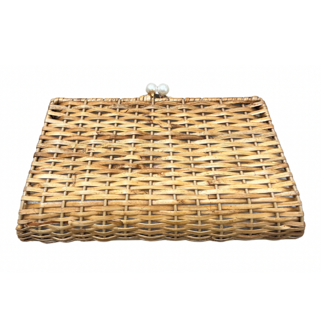 Rattan Pearl Clasp Clutch (Blue Dot Liner)