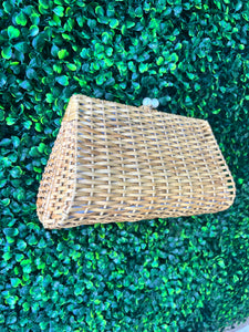 Rattan Pearl Clasp Clutch (Blue Dot Liner)