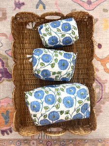 Cotton Block Print Cosmetic Bags - Blue Poppy (Set of 3)