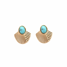 Load image into Gallery viewer, Turquoise Ribbed Fan Stud Earrings