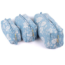 Load image into Gallery viewer, Cotton Block Print Cosmetics Bags - Blue Floral (Set of 3)