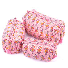 Load image into Gallery viewer, Cotton Block Print Cosmetics Bags - Pink Poppy Floral (Set of 3)