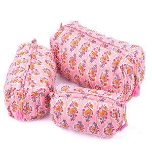 Cotton Block Print Cosmetics Bags - Pink Poppy Floral (Set of 3)