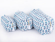 Load image into Gallery viewer, Cotton Block Print Cosmetics Bags - Blues Dabu (Set of 3)