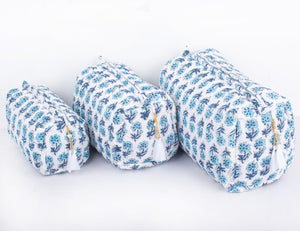 Cotton Block Print Cosmetics Bags - Blues Dabu (Set of 3)