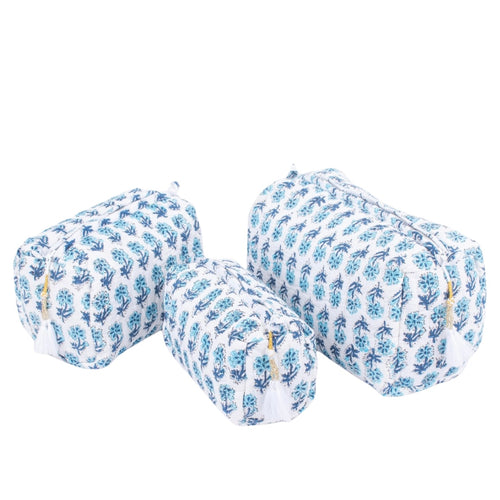 Cotton Block Print Cosmetics Bags - Blues Dabu (Set of 3)