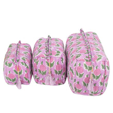 Load image into Gallery viewer, Cotton Block Print Cosmetics Bags - Pink Green Lotus (Set of 3)