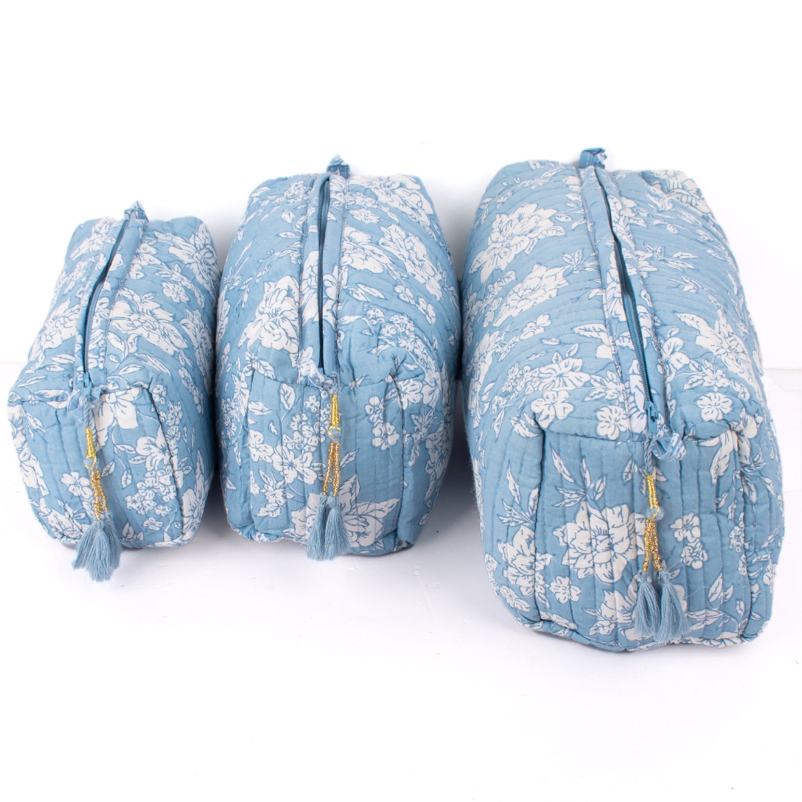 Cotton Block Print Cosmetics Bags - Blue Floral (Set of 3)