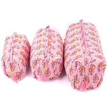 Load image into Gallery viewer, Cotton Block Print Cosmetics Bags - Pink Poppy Floral (Set of 3)