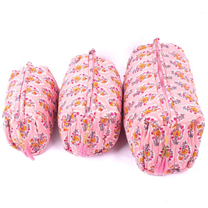 Cotton Block Print Cosmetics Bags - Pink Poppy Floral (Set of 3)