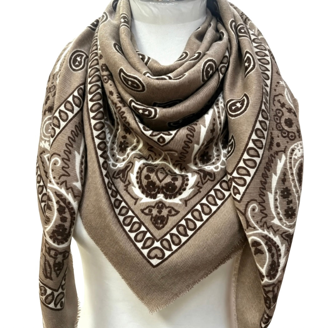 Sierra Paisley Wool Bandana Scarf - Taupe