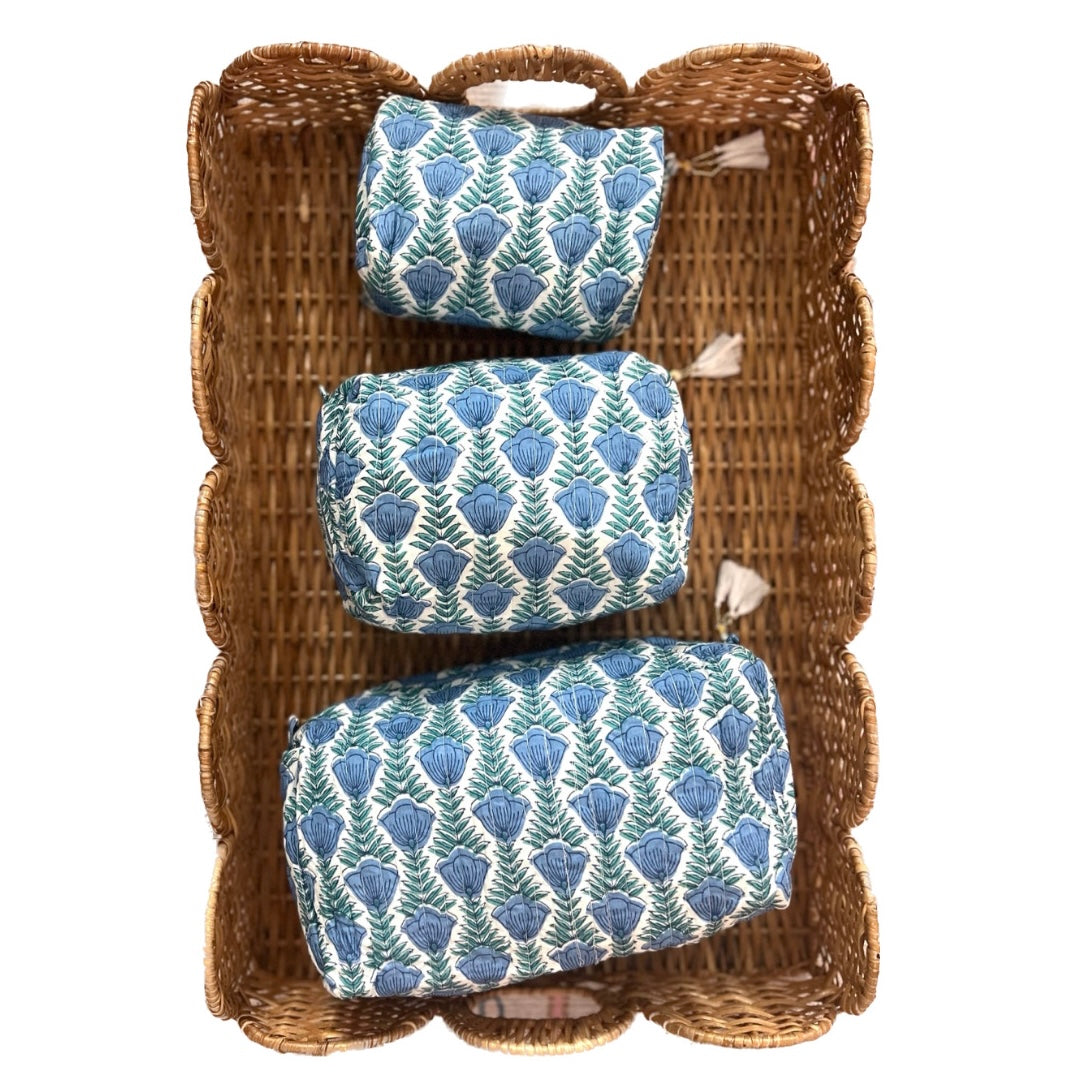 Cotton Block Print Cosmetic Bags - Lotus Blues (Set of 3)